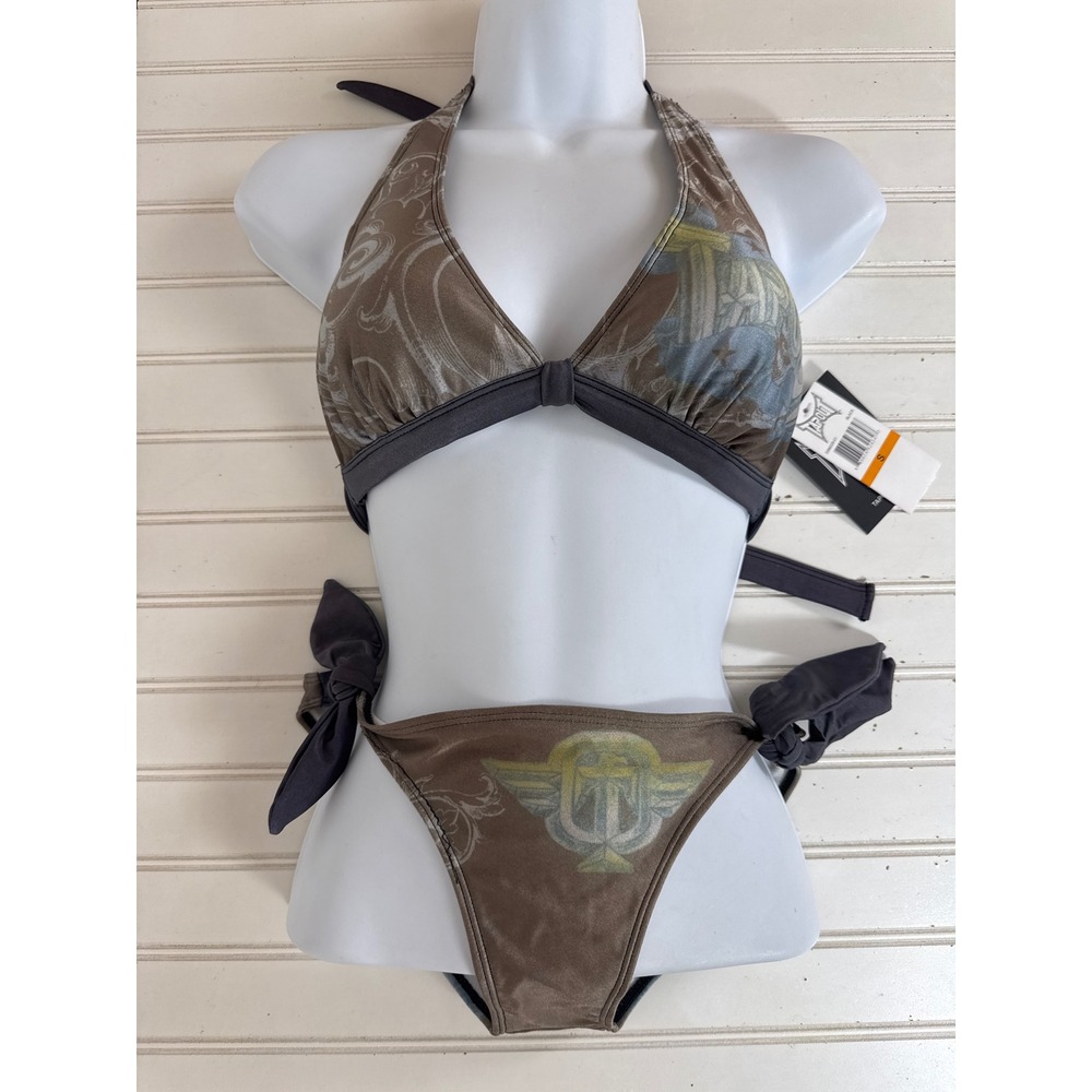 Tapout Bikini Set Women Small Gray Brown Graphic Logo Halter‎ Side Tie Y2K MMA